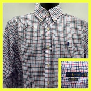 Polo Ralph Lauren Shirt Mens L Classic Fit Plaid Pink Blue Cotton L/S Button Up